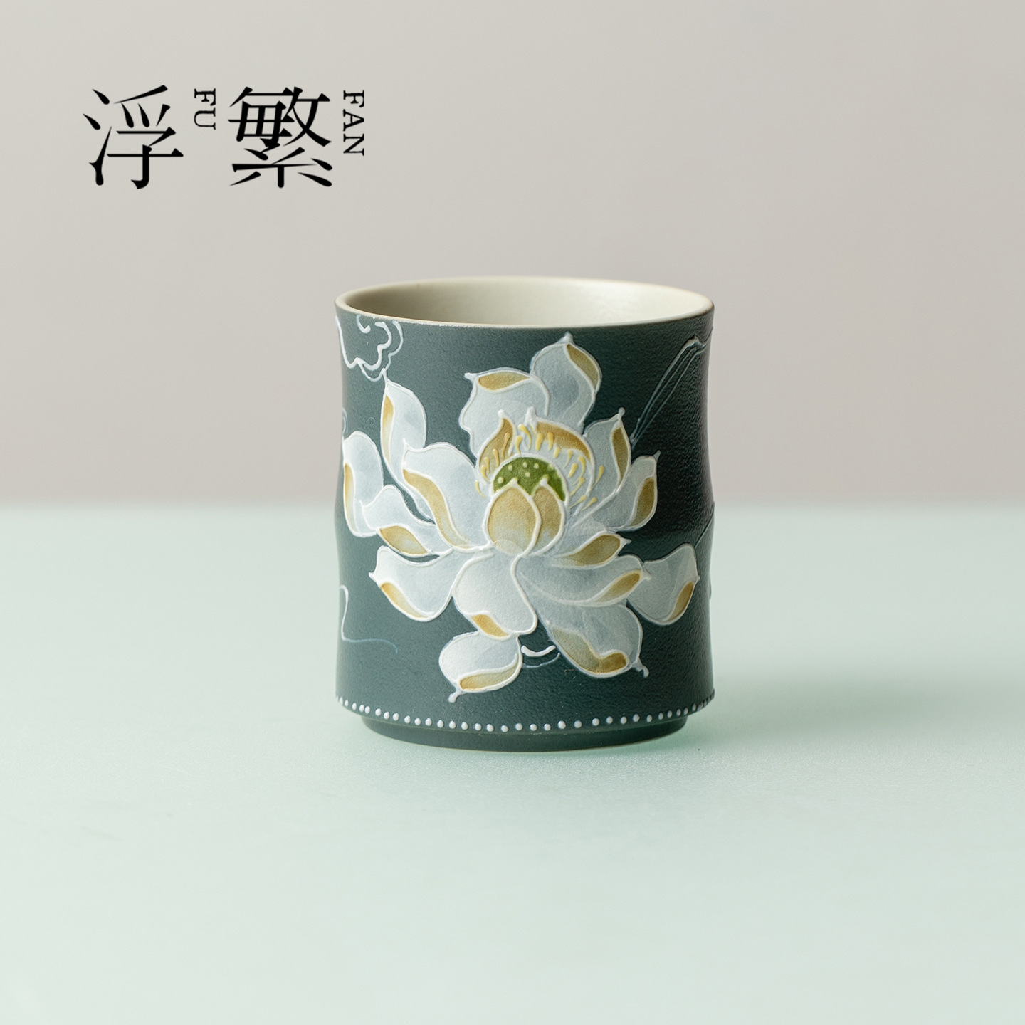 手绘祥云墨莲竹节杯中式高档陶瓷主人杯国潮风品茗茶杯茶盏杯